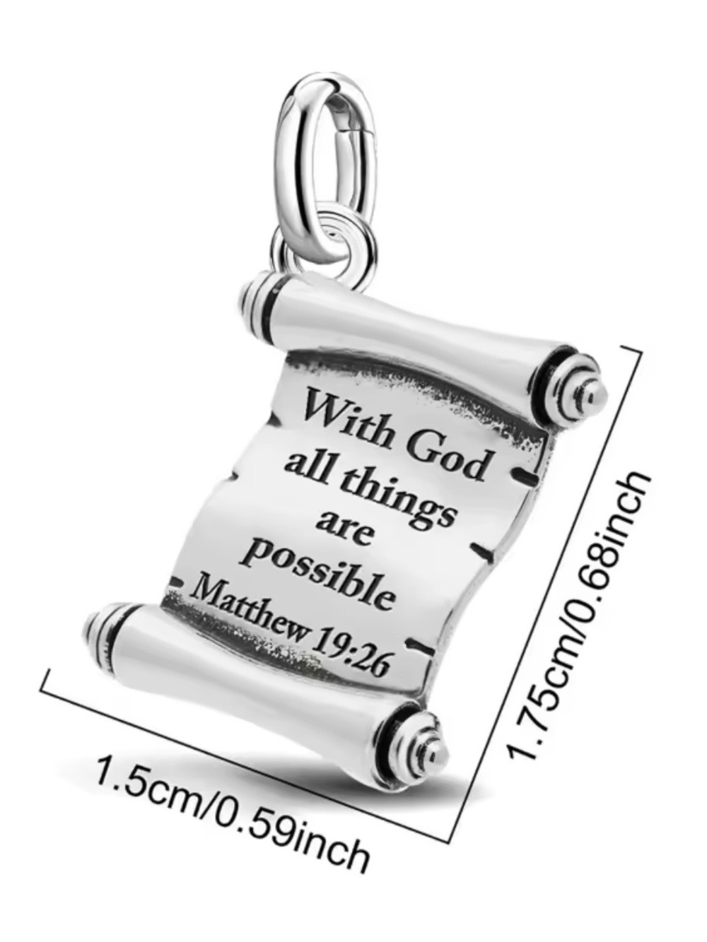Silver Scroll Pendant Charm - 'With God all things are possible'